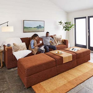 Two people sit on a brown sectional sofa with a coffee table in front, in a cozy living room featuring a rug, wall art, a potted plant, and sunlight from double glass doors